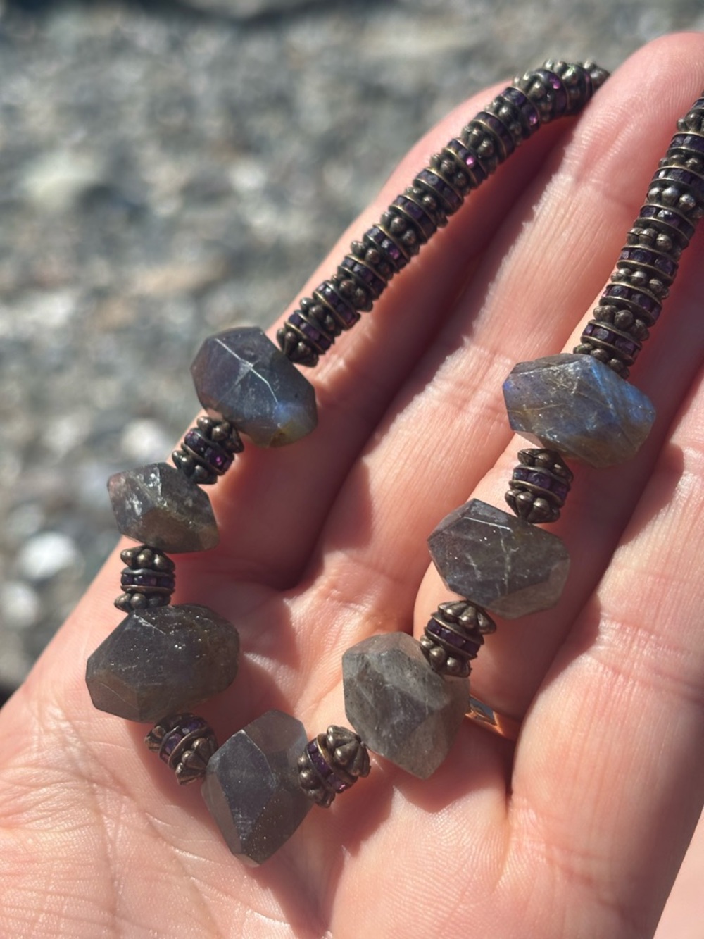 TOVA Faceted Labradorite Statement Necklace • Vintage Gunmetal Crystal Choker